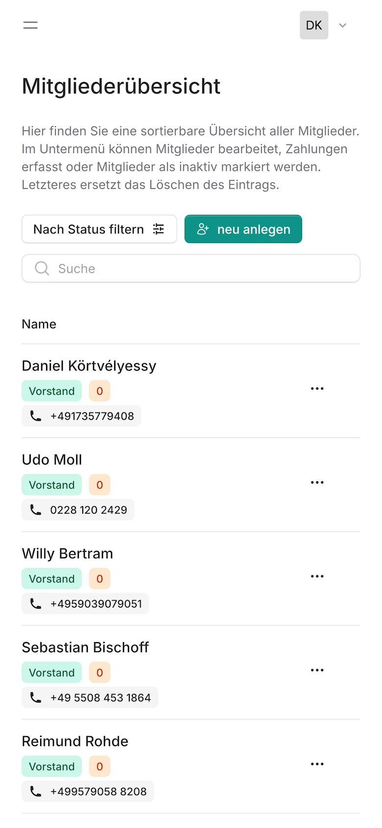 CommuCore - Übersicht aller Mitglieder und deren wichtigen Daten